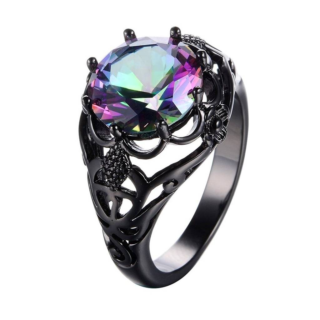 Round Cut Black Gold Mystic Big Rainbow Topaz Solitaire Ring Engagement Wedding For Women (8.0) : PX9R25-8