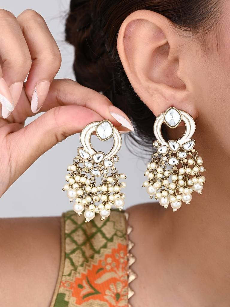 Gold-Plated Meenakari Stud Earrings With Kundan & Pearl Cluster Drops : S24FAER408WHT