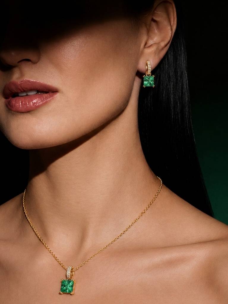 Square-Cut Pendant Necklace & Huggie Earring Set : SET1010EQSD