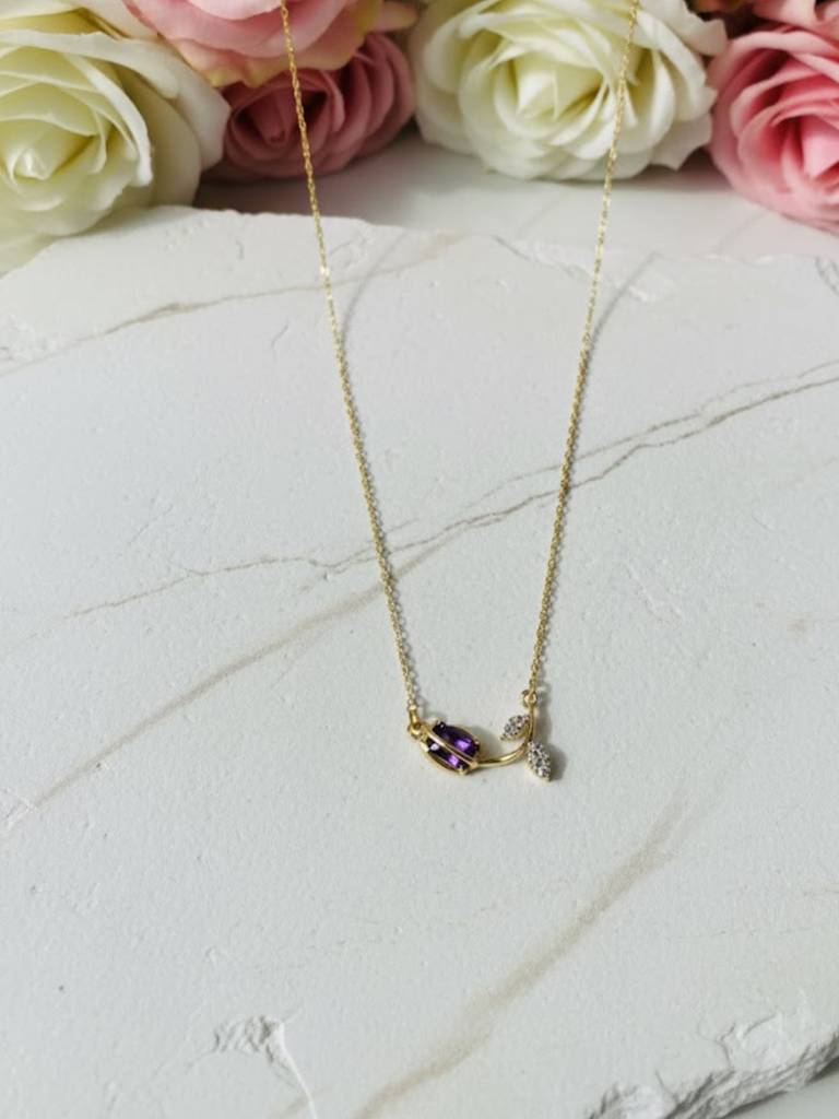 Anti-Tarnish Tulip Purple Stone Chain | 18K Gold Cz Jewelry : ATC654TPSC