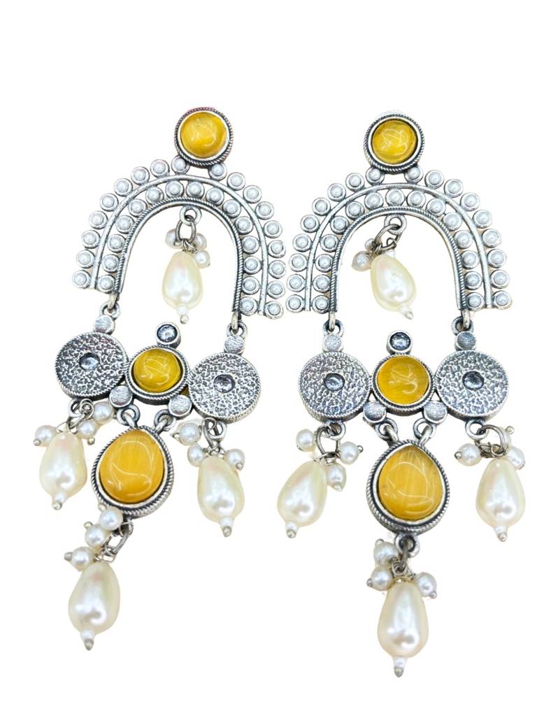 Silver-Plated Contemporary Stone Studded & Beaded Oxidised Drop Earrings : VI24EROX100027