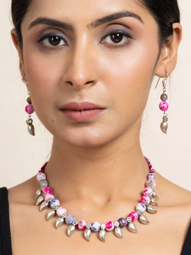 Handmade Semi Precious Pink Purple Onyx Necklace With Mango Charm & Matching Earrings Set For Women : LAANP81