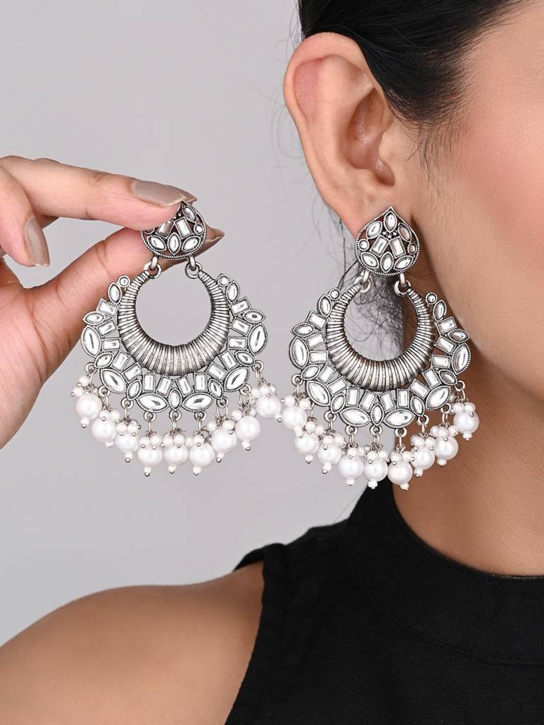 Silver Plated Chandbali With Pearl Drops : S24KCER439SLV