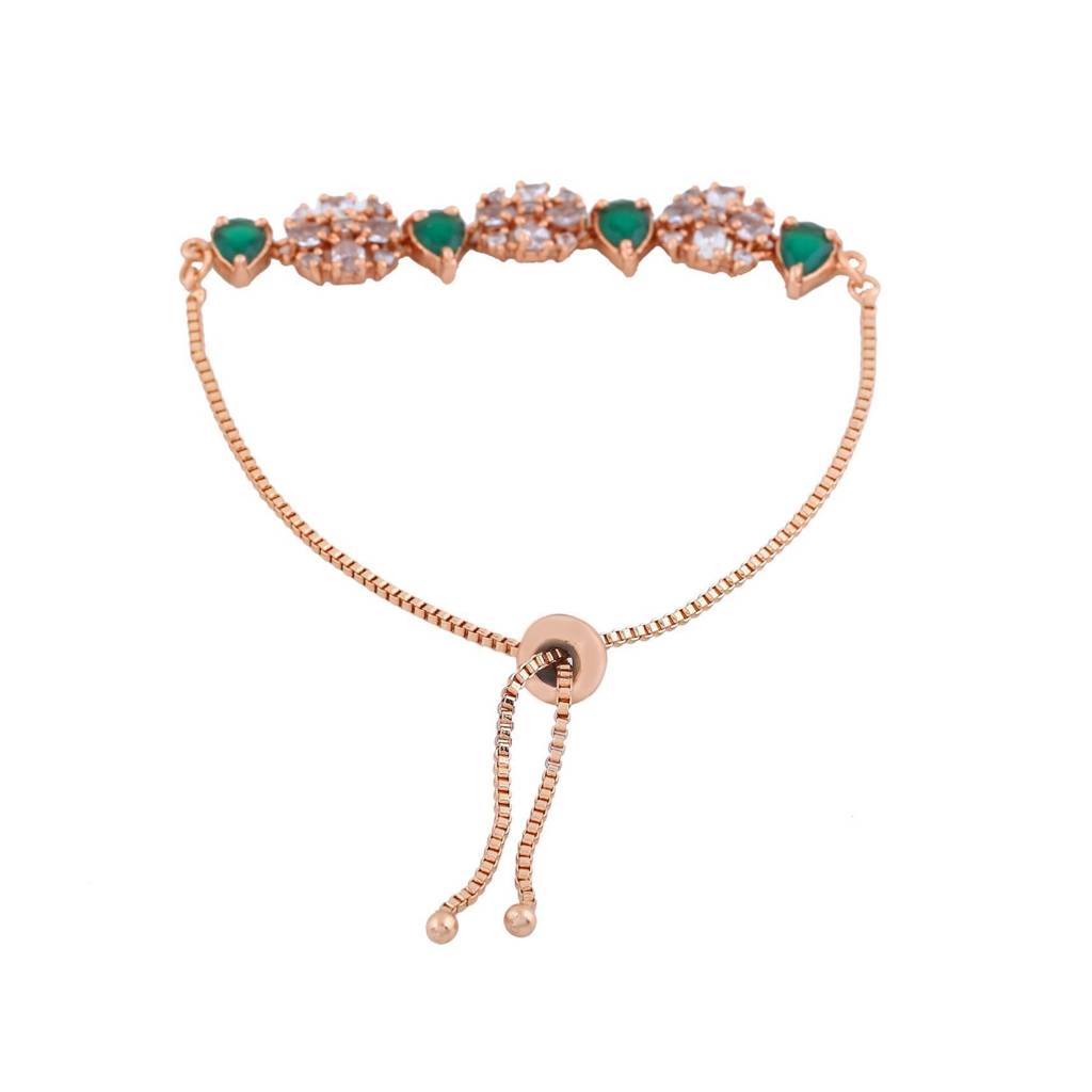 Estele Rose Gold Plated Cz Flower Designer Bracelet With Green Stones For Girls & Women