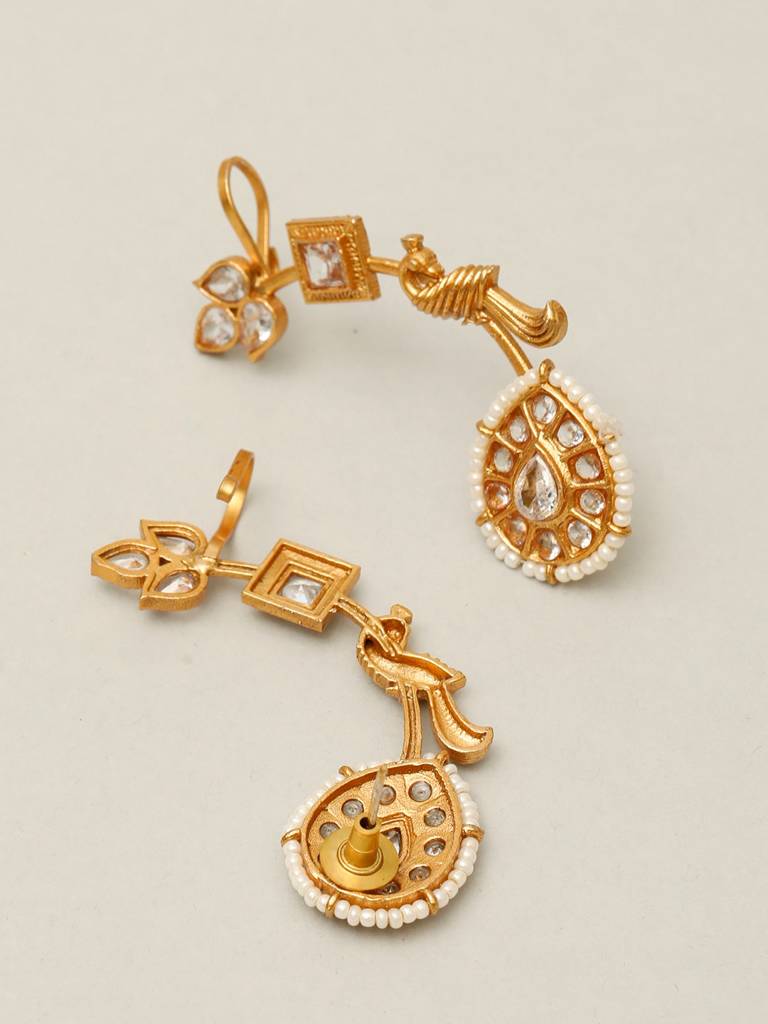 Gold-Plated Kundan Studded Peacock Shaped Ear Cuff Earrings : VI25EROX100059
