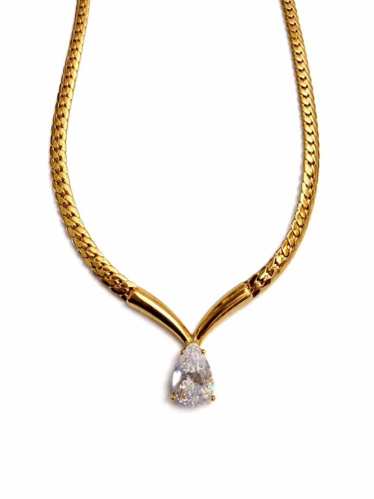 Teardrop Solitaire Cuban Chain Necklace – 24Kt Gold Plated : S925C715TSCC