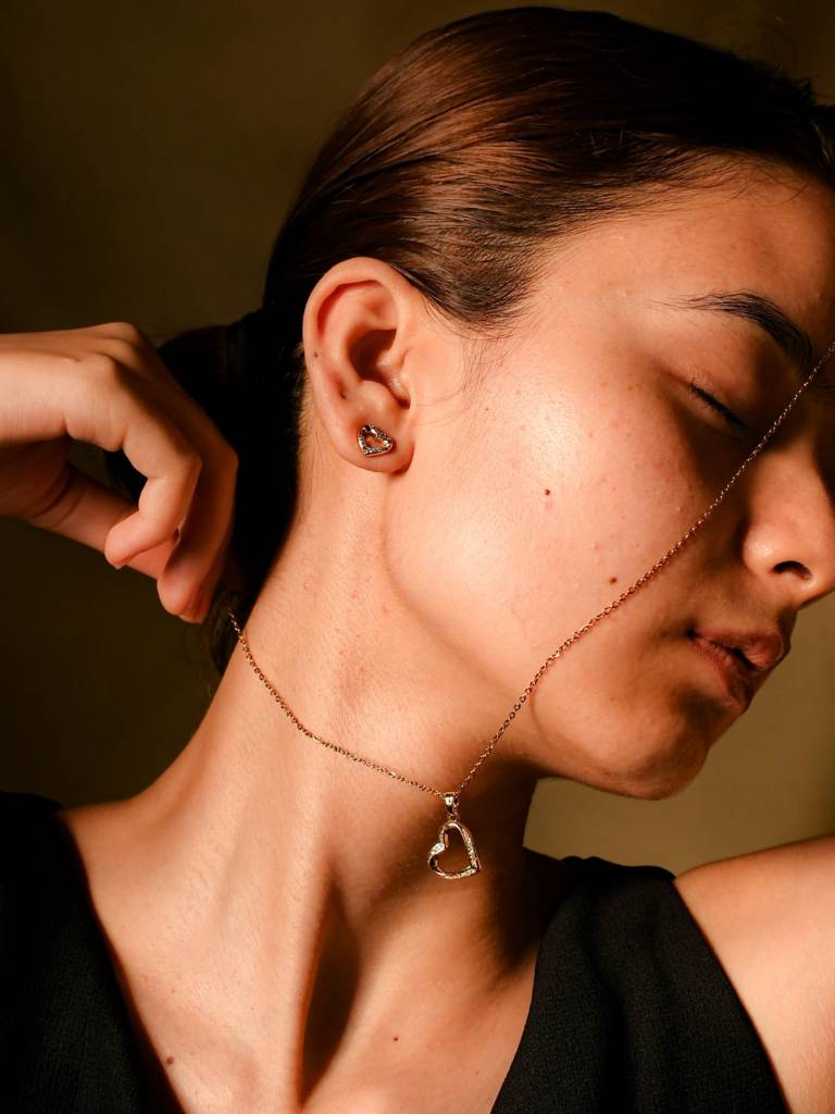 Heart Studded Minimal Jewelry Set Â Dainty Gold Necklace & Earrings : SET533HSMS