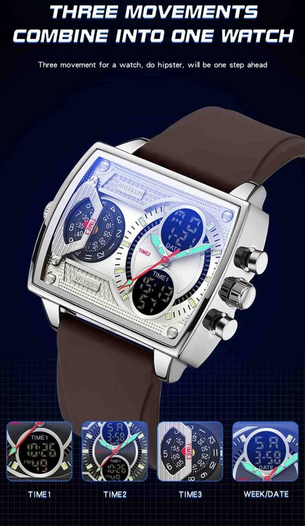 Giordano Square Analog-Digital Watch For Men – Triple Time Zone Displa, Silicone Strap : GZ-50161-02