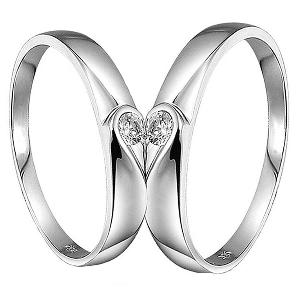 Silver Plated 2 Pcs His And Her Heart Shape Matching Promise Couple Rings Lovers Wedding Engagement Band Gift Jewell : PFCCR09