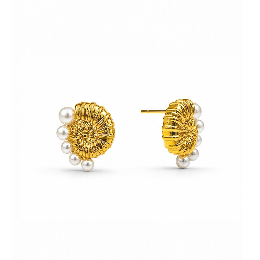 Women 18K Gold-Plated Seashell Spiral Stud Earrings With Artificial Pearls : 101167