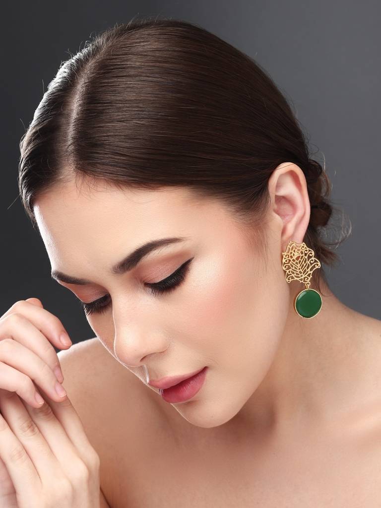 Gold Filigree Stone Drop Earrings : S24JJER210GRN