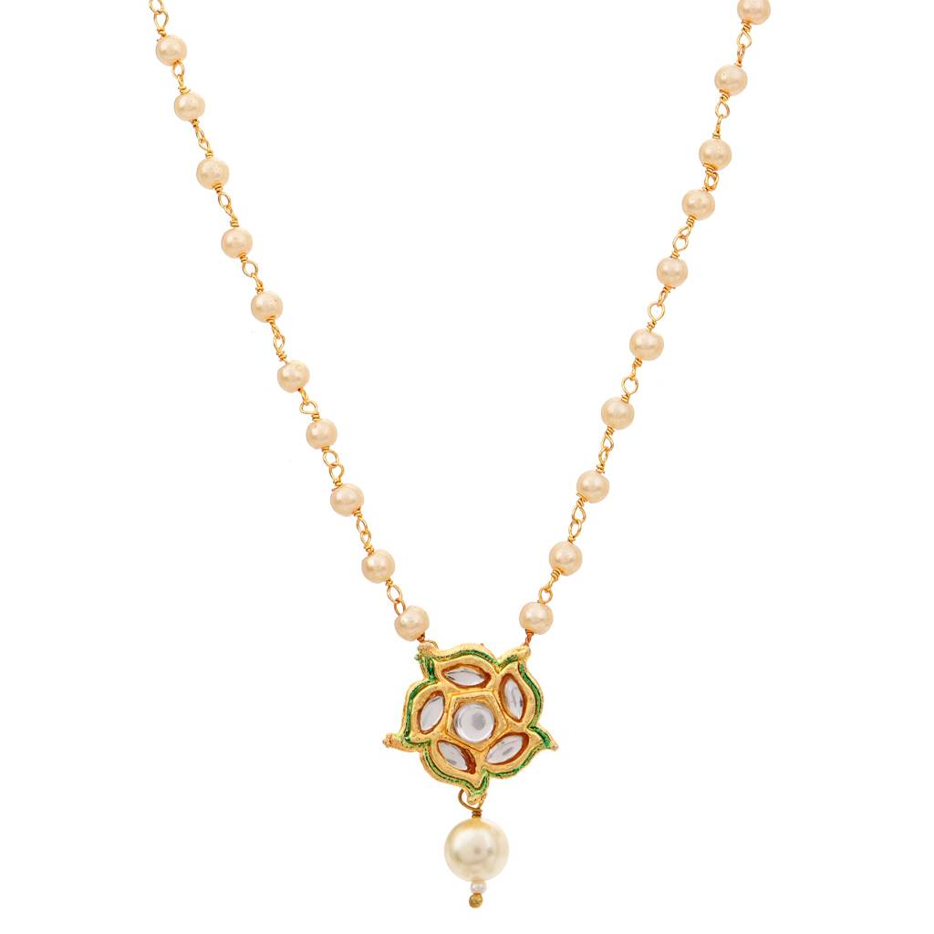 22Kt Gold-Plated Floral Kundan Pearl Chain Necklace Set : PE14009