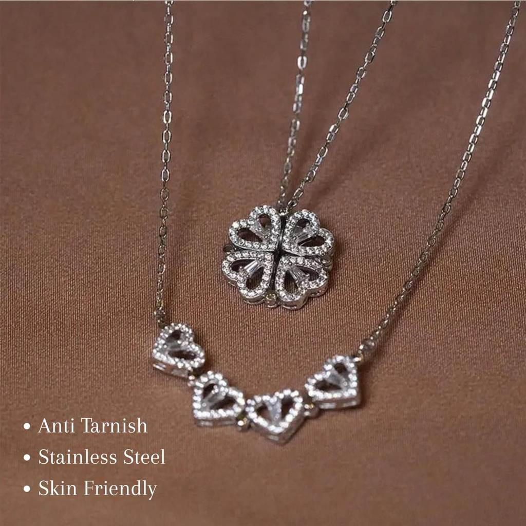 Magnetic Heart Flower Pendant Necklace : NC_SS_4hrt_slv