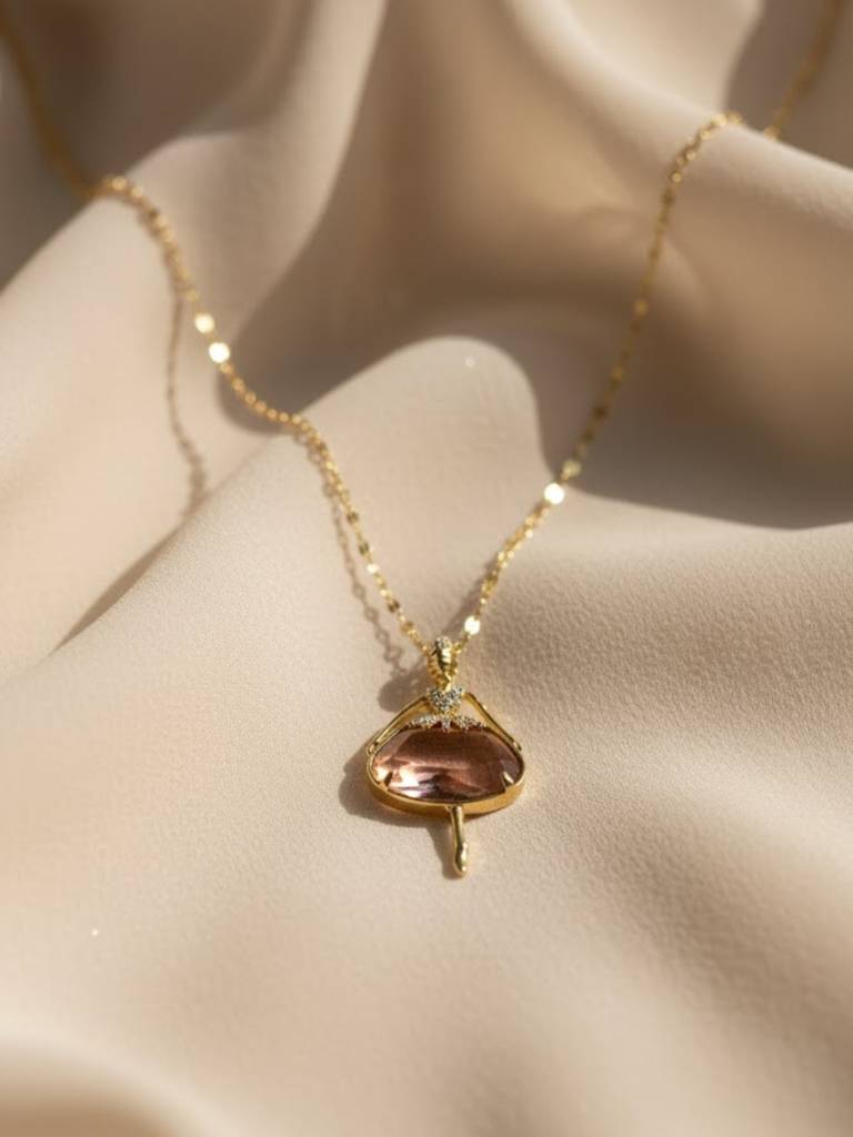 Anti-Tarnish Angel Pendant Necklace With Peach Stone | 18K Gold Chain : ATC641ABPC