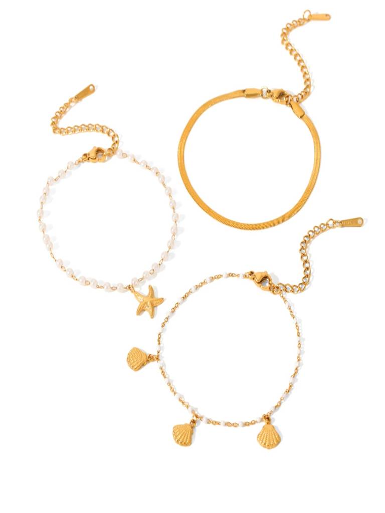 Set Of 3 - Shell And Pearl Bracelets 18K Gold Plated Waterproof Anti-Tarnish : AHC0925B0343