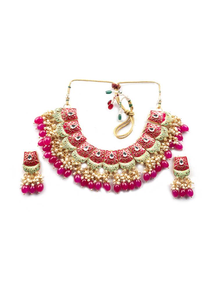 Dual Colour Kundan Meenakari Necklace Set With Earrings And Maangtika : Kundan08Pink