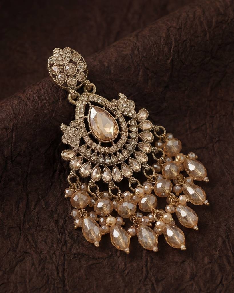 Gold Plated - Antique Gold Champagne Stone Long Earrings For Women : ORP207