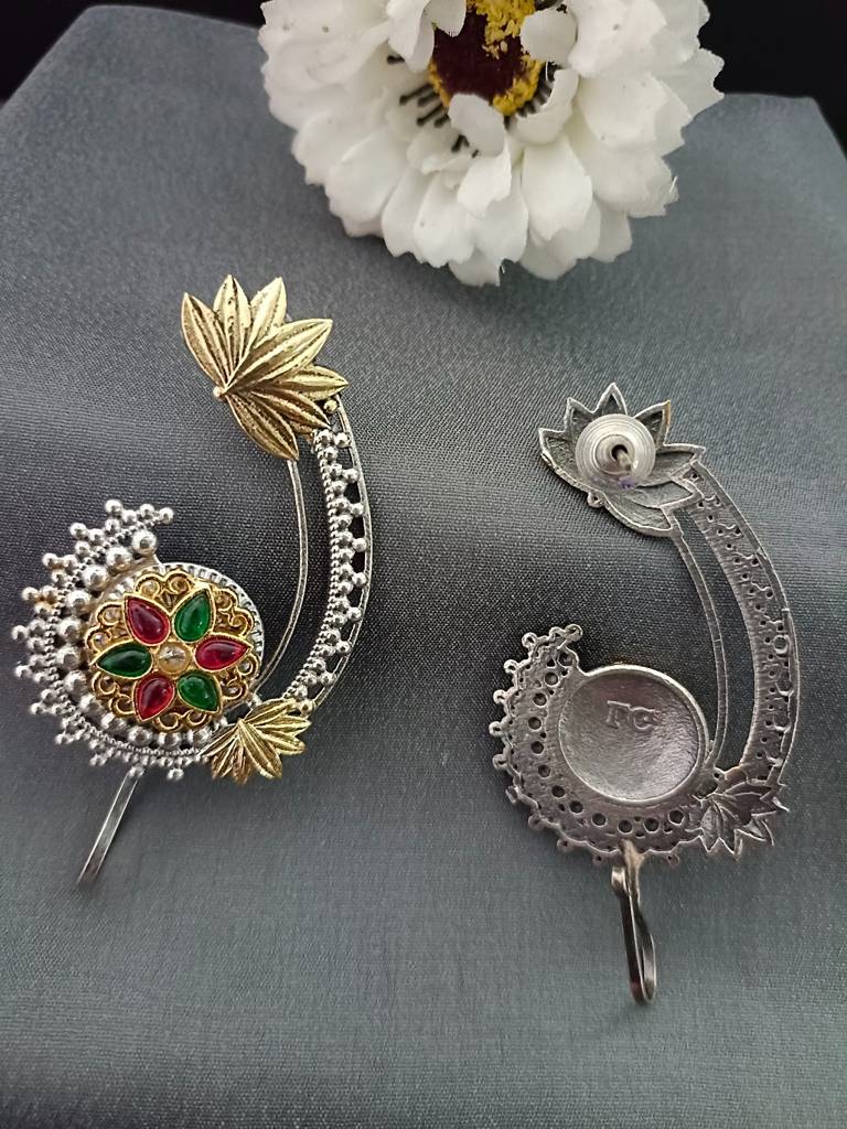 Brass-Plated Artificial Stones Studded Oxidised Floral Bugadi Ear Cuff Earring : VS105318