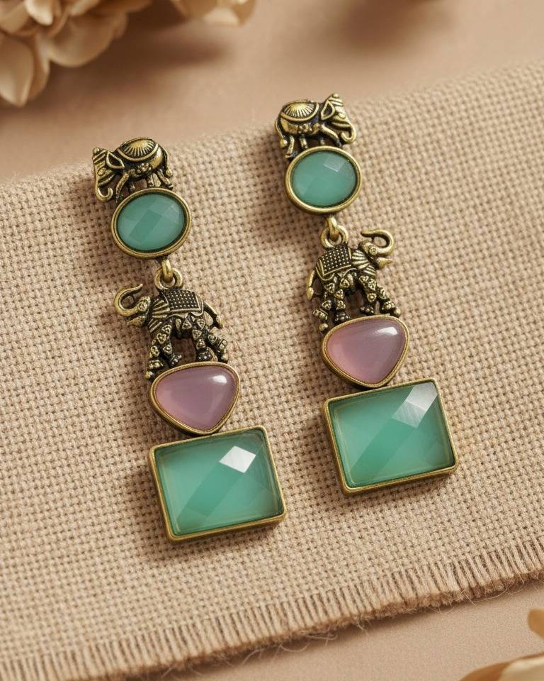 Antique Gold Elephant Design Long Drop Earrings : ORP106Light(GreenPink)