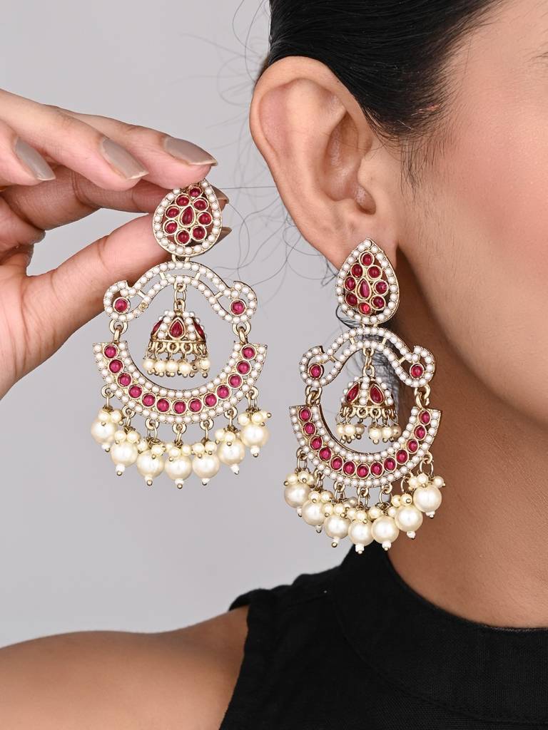 Gold Plated Stone & Beads Chandbali Earring : S24KCER438RED