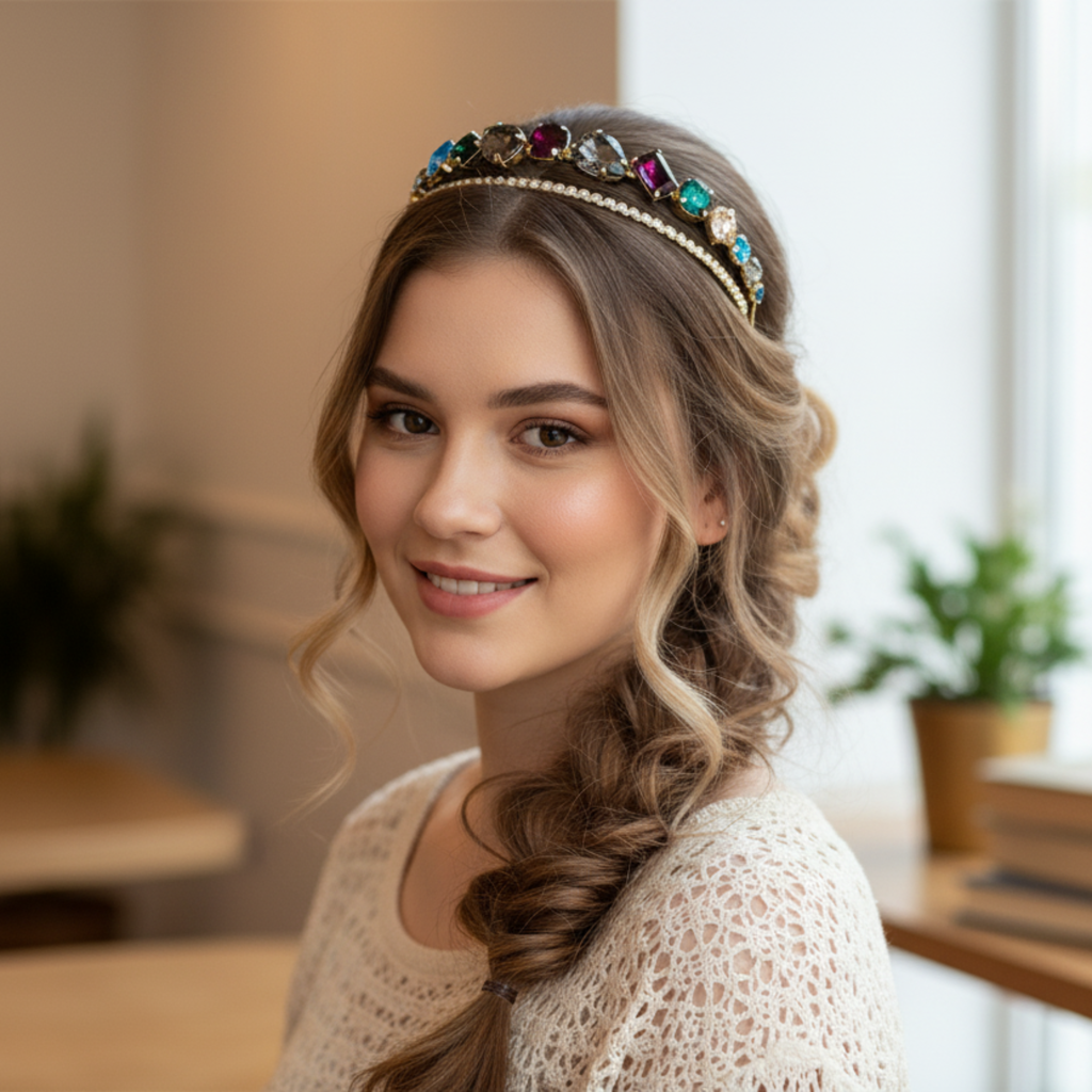 Gold Crystal Rhinestone Double Layer Hairband For Women | Elegant Wedding Party Headband With Multicolor Stones : M4SK-A3