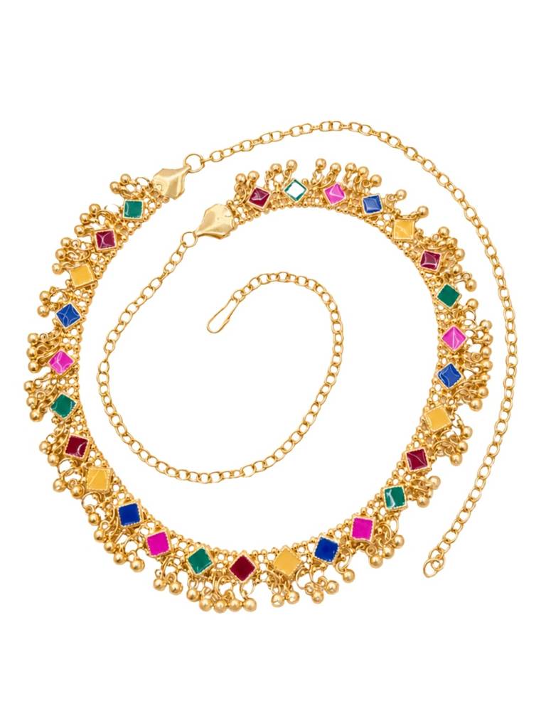 Women Gold-Plated Multicolour Stone Studded Kamarbandh Waist Belt : VI26KB10008