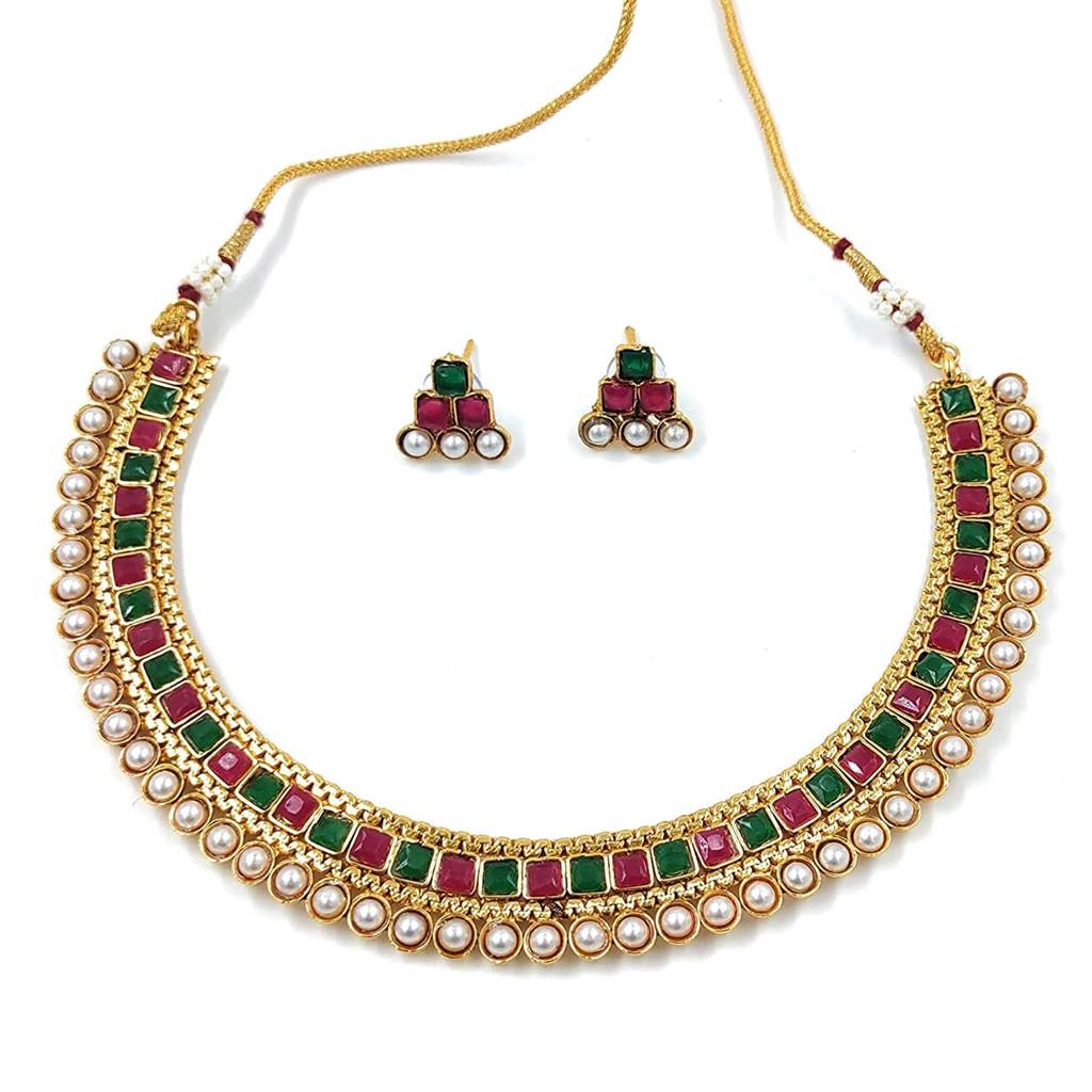 Peora Traditional Gold Plated Choker Necklace & Stud Earrings Jewellery Set For Women Girls : PF04N3391RG