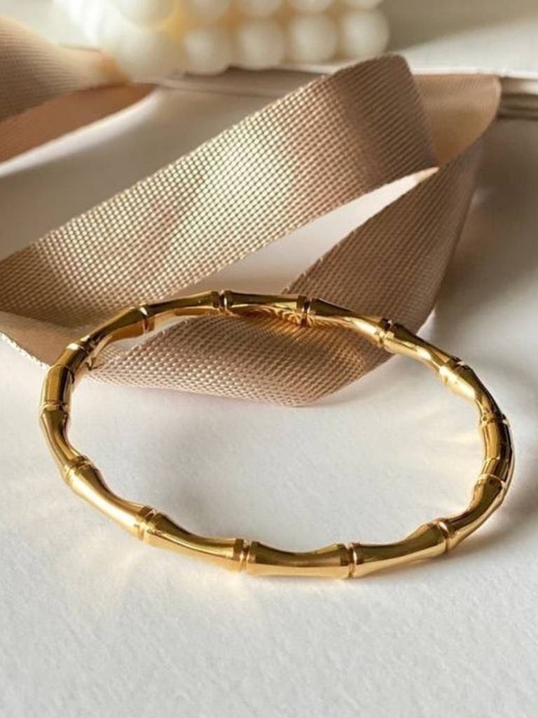 Bamboo Bangle & Hex Crystal Bracelet Duo – 18Kt Gold Plated Stainless Steel Combo Set : CBR015BBH