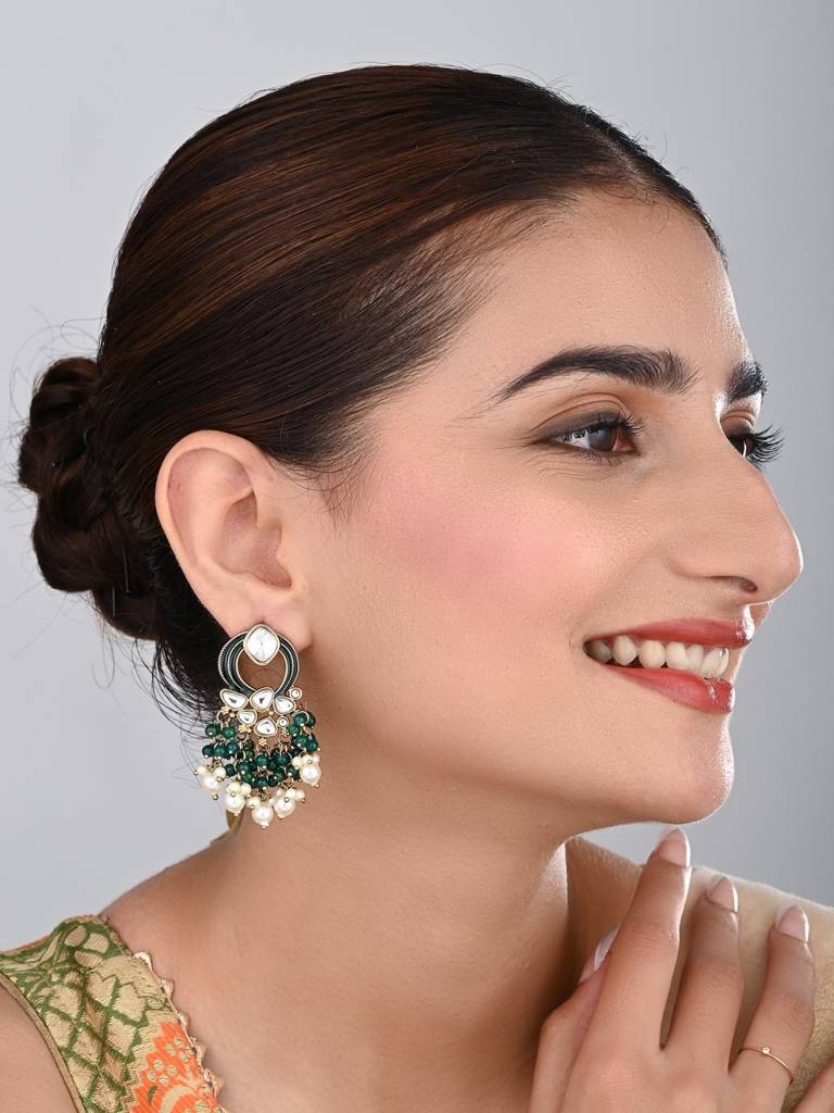 Gold-Plated Meenakari Stud Earrings With Kundan & Pearl Cluster Drops : S24FAER408GRN