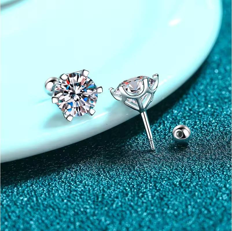 Single Piece Round Radiant Sterling Silver Moissanite Stud Earrings For Men : Round_ScrewBack_0.5ct_Men