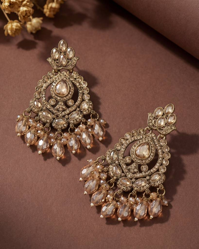 Gold Plated Antique Gold Champagne Stone - Long Earrings For Women : ORP202SF