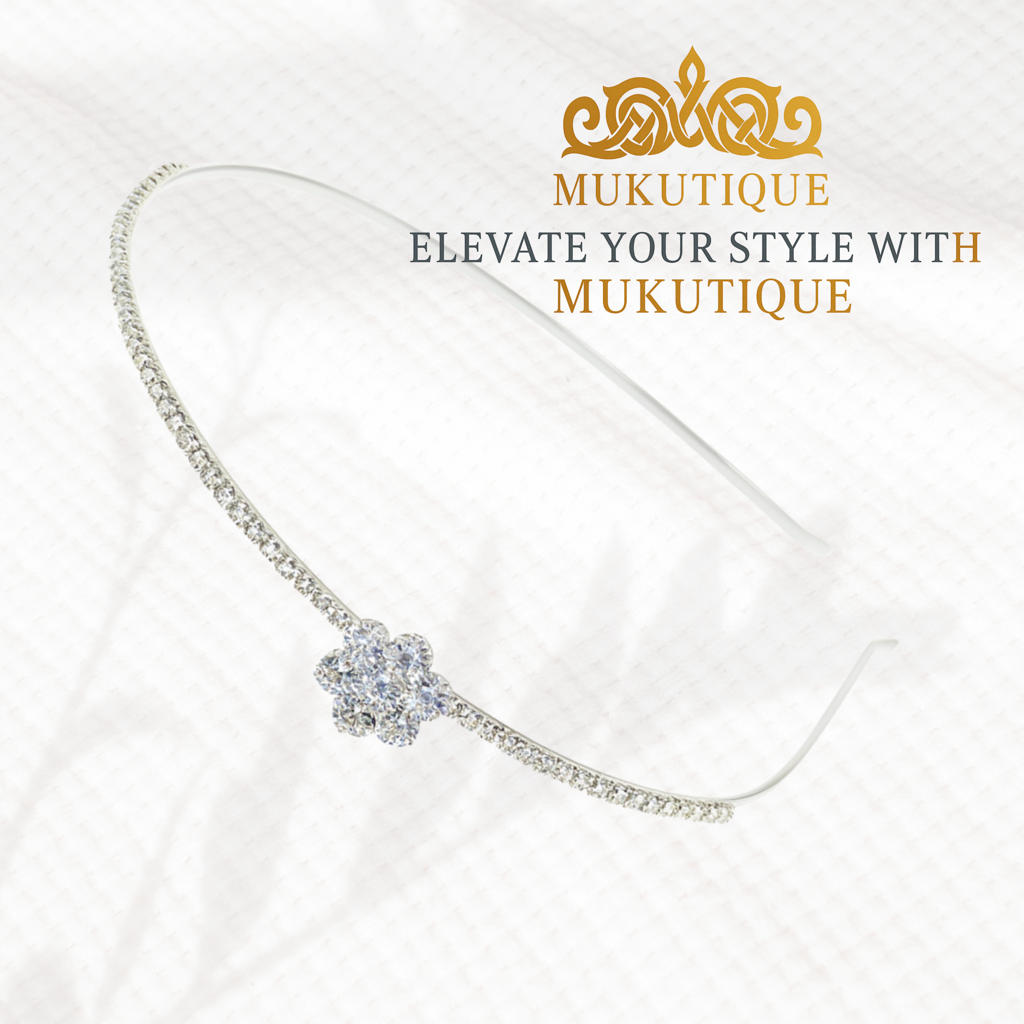 Base Metal Silver Plated Crystal Floral Bridal Hair Band For Women | Rhinestone Wedding Headband Tiara | Part : M4SK-HB-FLOWER