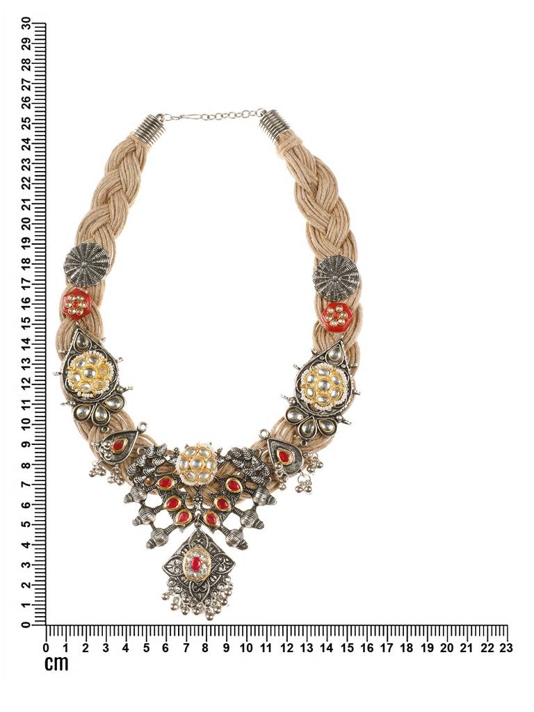 Silver-Plated Meenakari Work Antique Design Oxidised Bohemian Jute Necklace : VI24NK0014