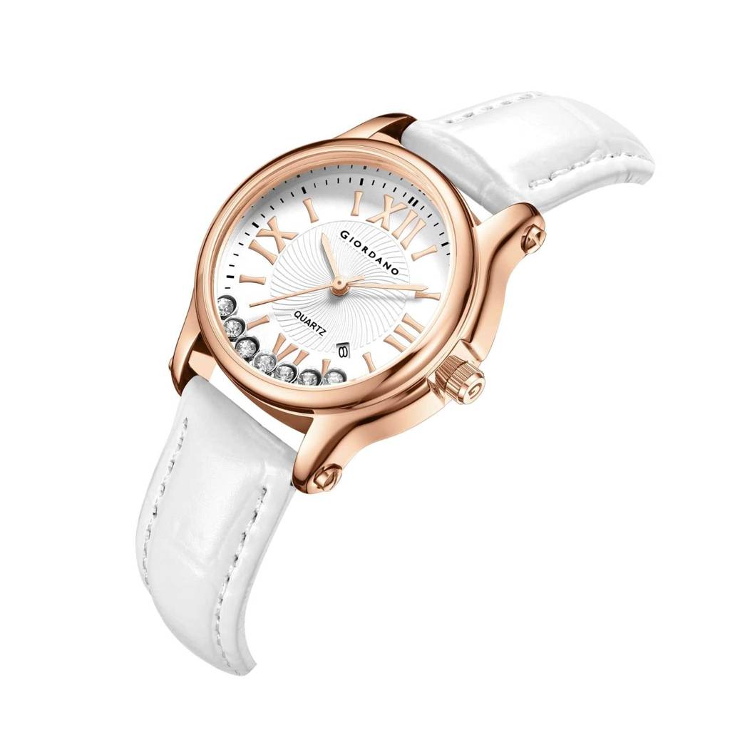 Giordano Luxury Analog Quartz Watch For Women Â Rose Gold Case, Roman Numerals, Crystal-Studded Dial, Leather  : GZ-60142-33