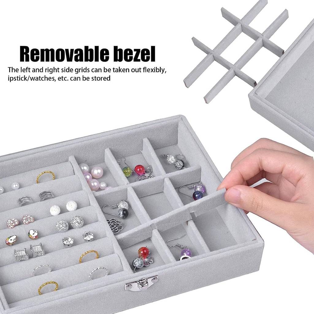Estele Jewellery Organiser Box Grey Leather Clear Lid Jewelry Organizer With Dividers Container : JOB-005-Grey-JO-BOX