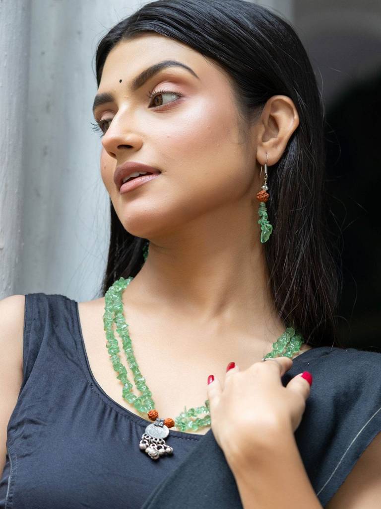 Handmade Green Stone Chips Rudraksh Coin Necklace Set : LAANP127