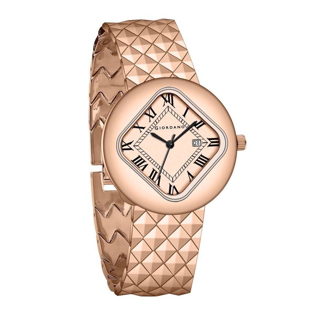 Giordano Elegant Analoge Watch For Women - Unique Rounded-Square Dial, Roman Numeral Dial, Date Display And Text : GZ-60121-11