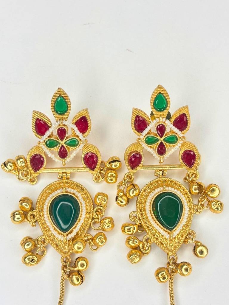 Gold-Plated Premium Kundan Red Stone-Studded Kan Chain Earrings : VI26EROX100368