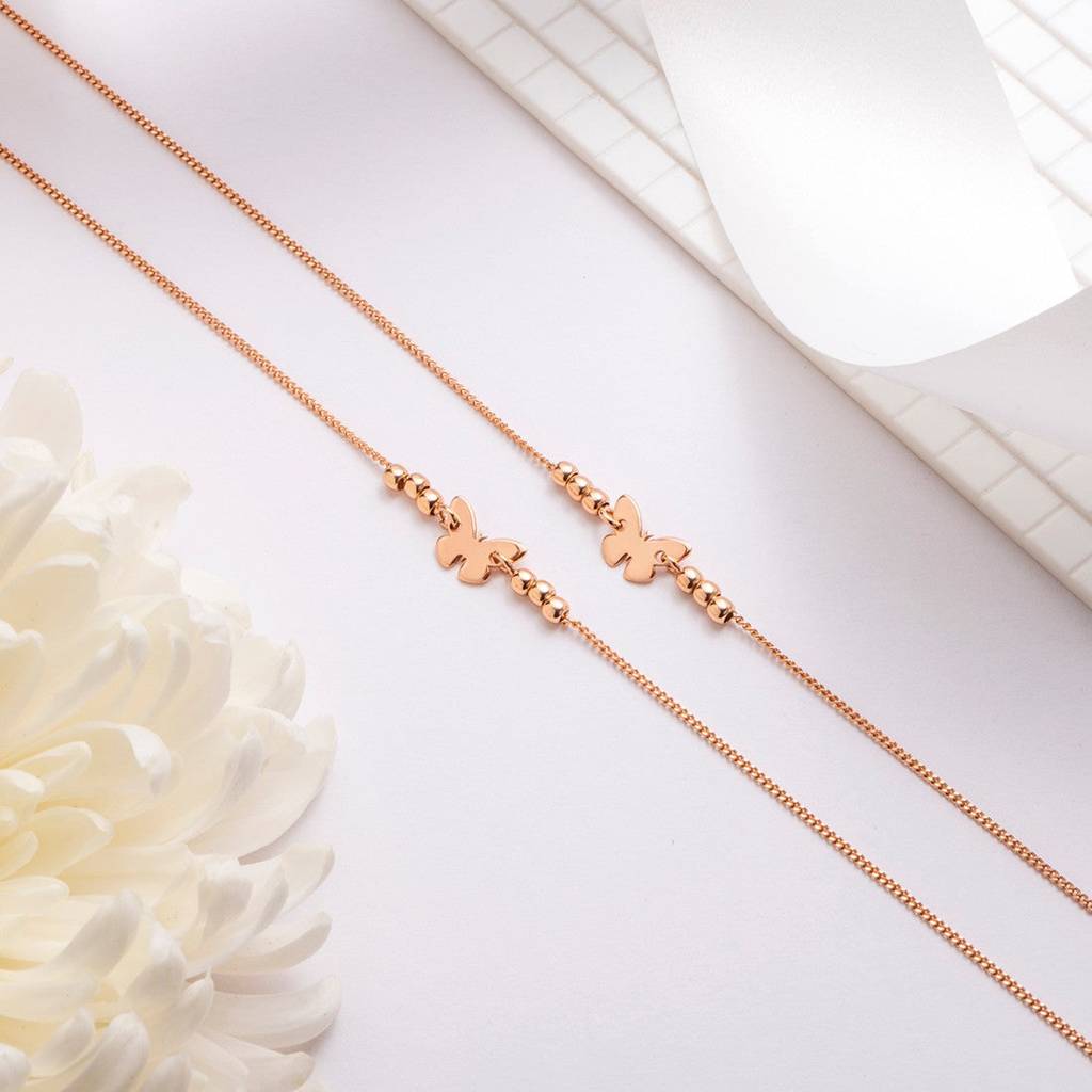 Beaded Butterfly Rose Gold 925 Sterling Silver Chained Anklet : ANK-60261-PAIR