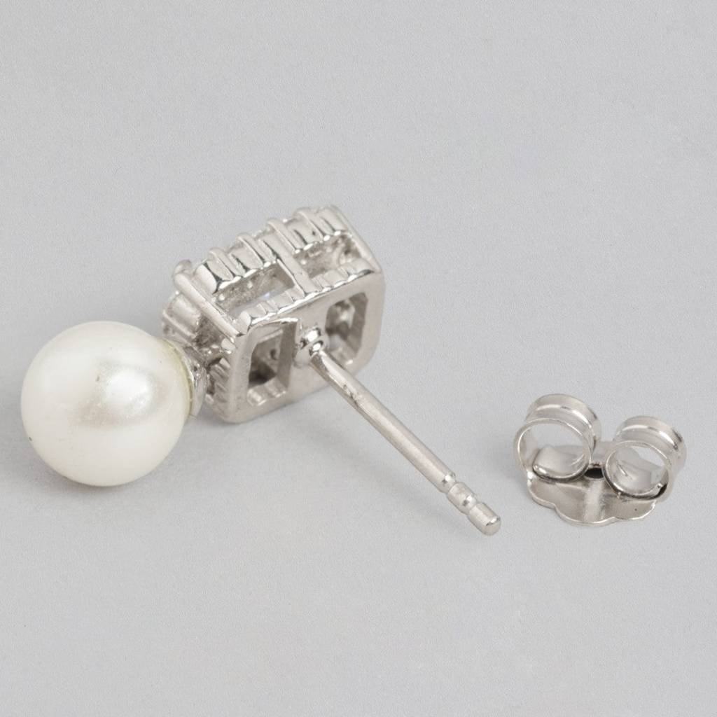 Pearlescent Radiance Rhodium-Plated Cz & Freshwater Pearl Drop Earrings : EAR-20454-R