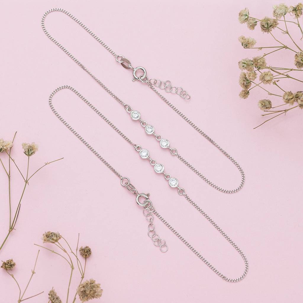Triple Cz 925 Sterling Silver Chain Anklets : ANK-60133-PAIR