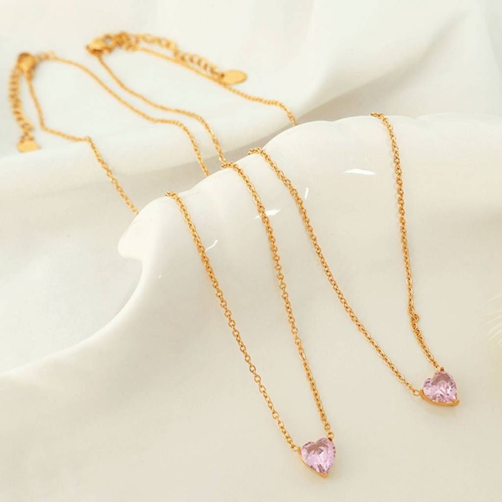 18K Gold Plated Waterproof, Anti-Tarnish White/ Pink Heart Zircon Pendant Necklace : AOU0125PN90PK