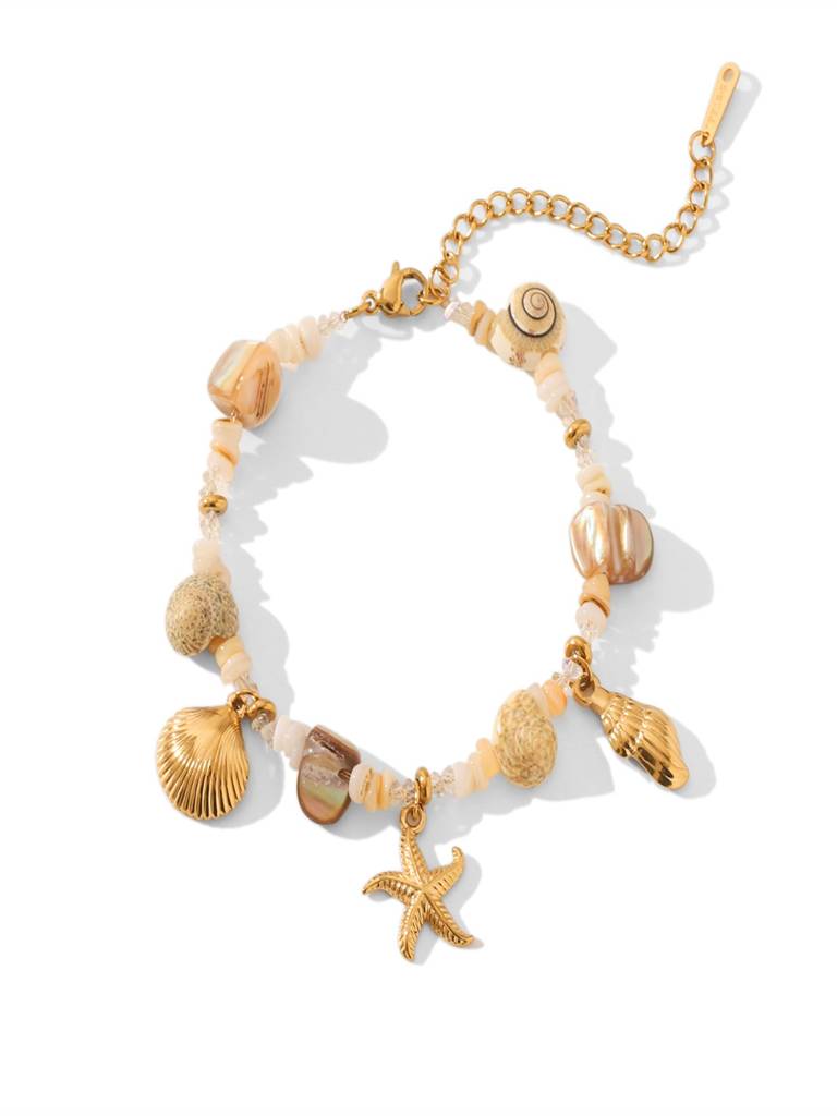 Starfish, Shell & Sea Charms Bracelet 18K Gold Plated Waterproof Anti-Tarnish : AHC0925B0213