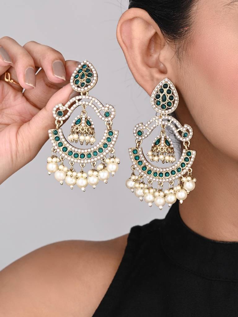 Gold Plated Stone & Beads Chandbali Earring : S24KCER438GRN