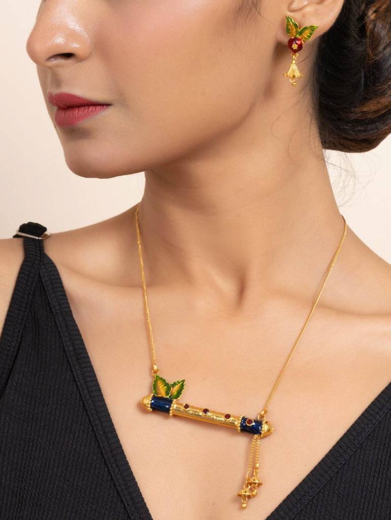 Gold Plated Meena Flute Pendant Necklace Set With Chain And Matching Earrings - Copper Jewelry Set : LAANP71