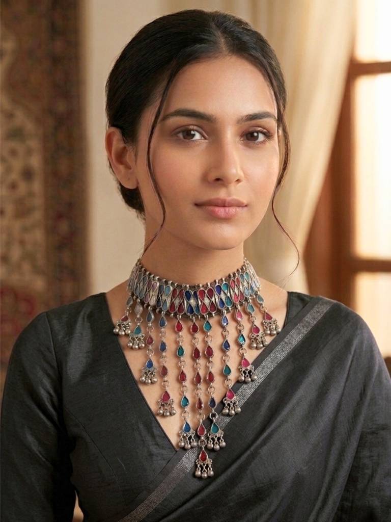Oxidised Silver Multi-Colour Stone Choker Necklace : VI26NK0099