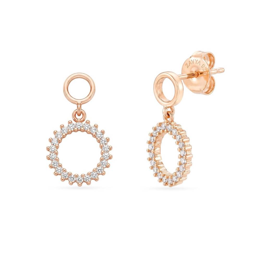 Halo Circle Rose Gold Plated 925 Sterling Silver Drop Earrings : EAR-21055-RG