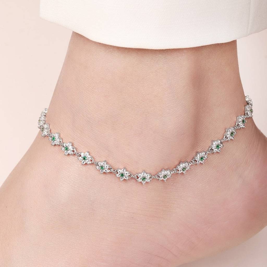 Floral Green Cz Rhodium Plated 925 Sterling Silver Anklet : ANK-60332-PAIR-R