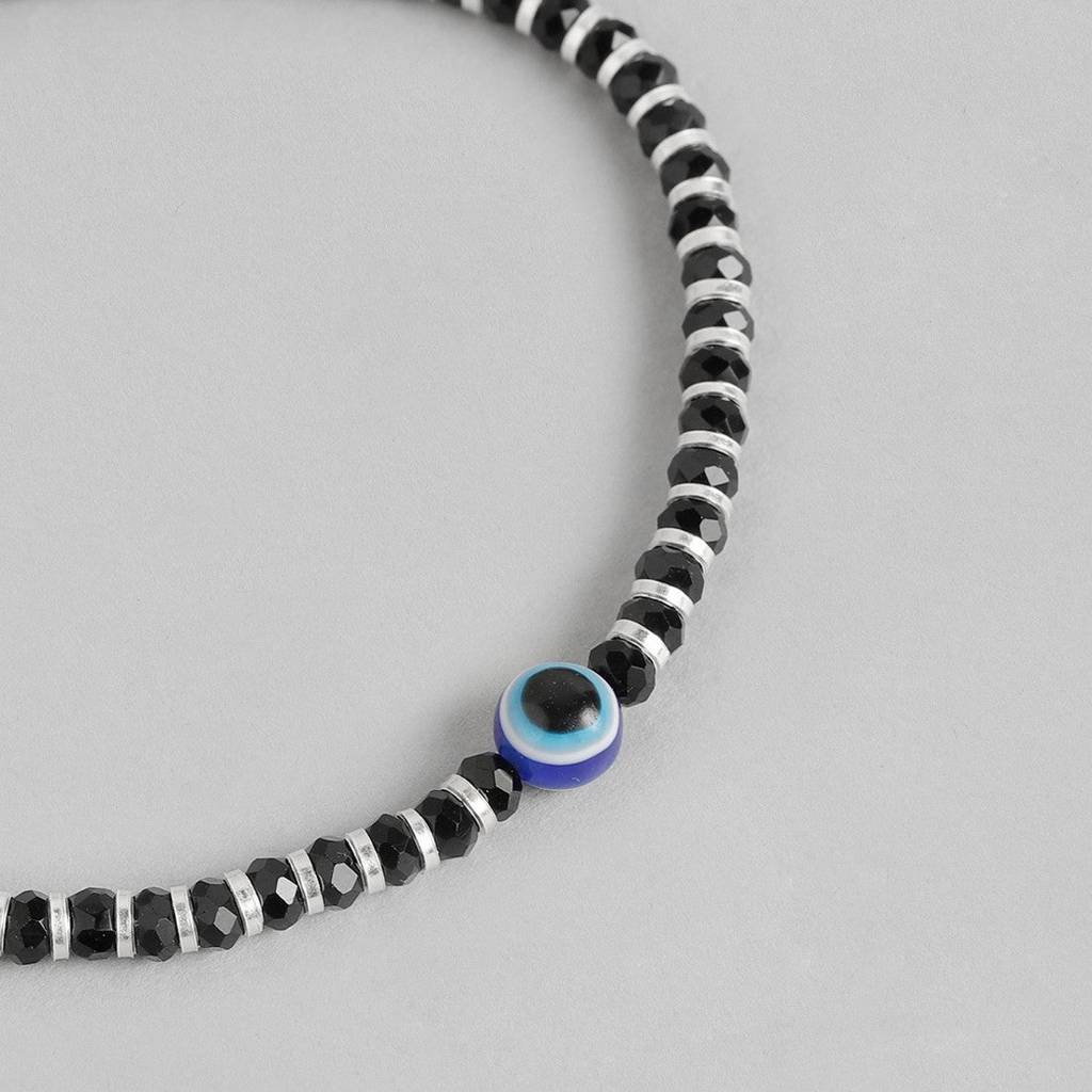 Black Beads With Evil Eye 925 Silver Bold Bracelet In Silver Chain : BR-80062