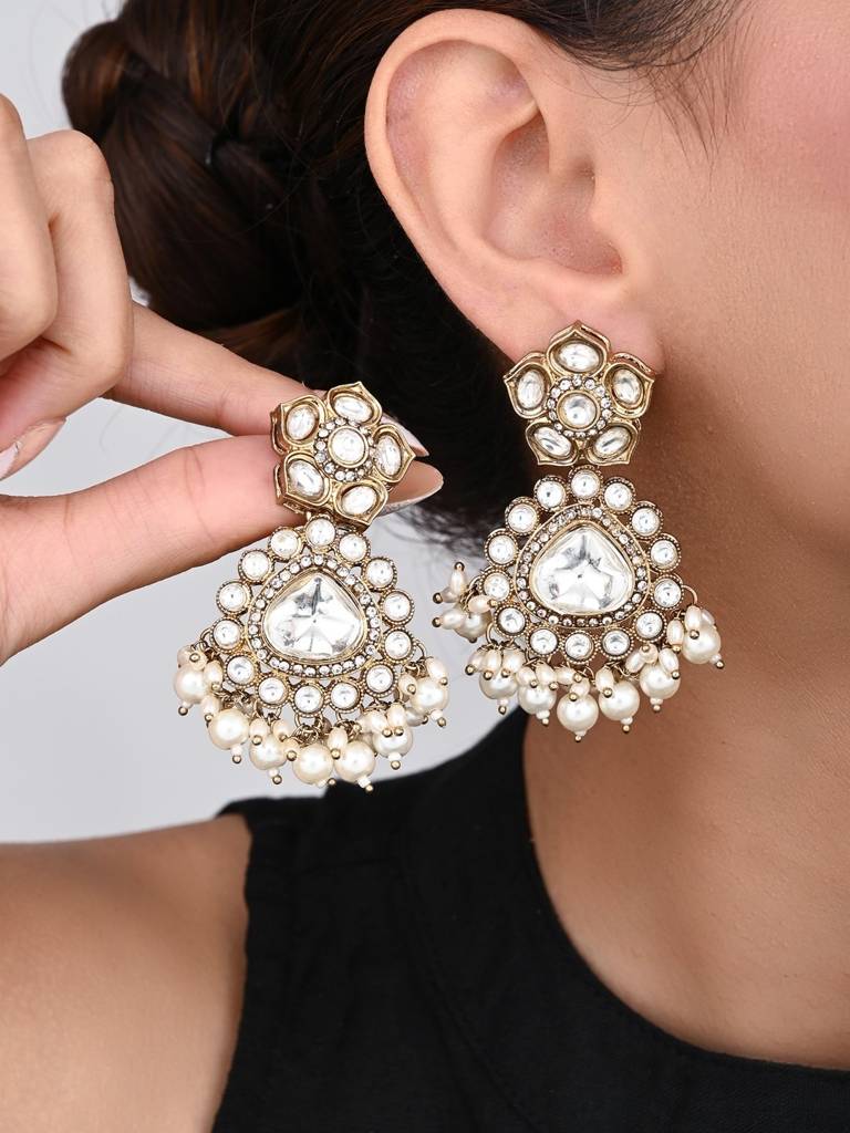 Gold Plated Kundan & Pearl Drop Earrings : S24FAER413GLD